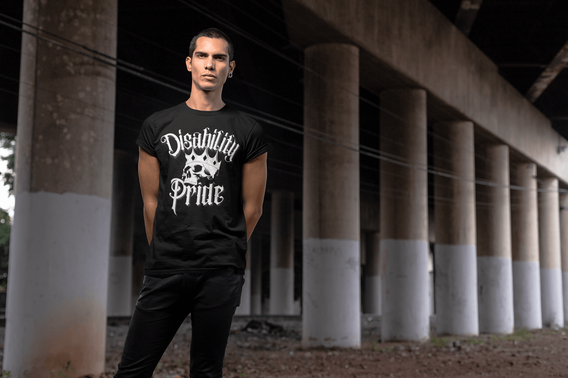 Disability Pride Punk Design Skull with Crown on front of Black Relaxed Fit T-Shirt Relaxed Fit T-Shirt