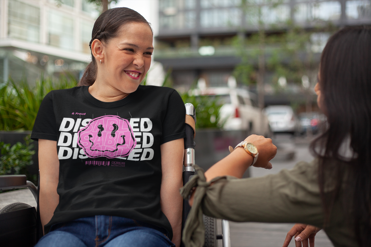 Disability Pride Graphic Tee Pink Smiley Disabled and Proud T-Shirt Oversize Deep Drop Shoulder Tee - 190 GSM