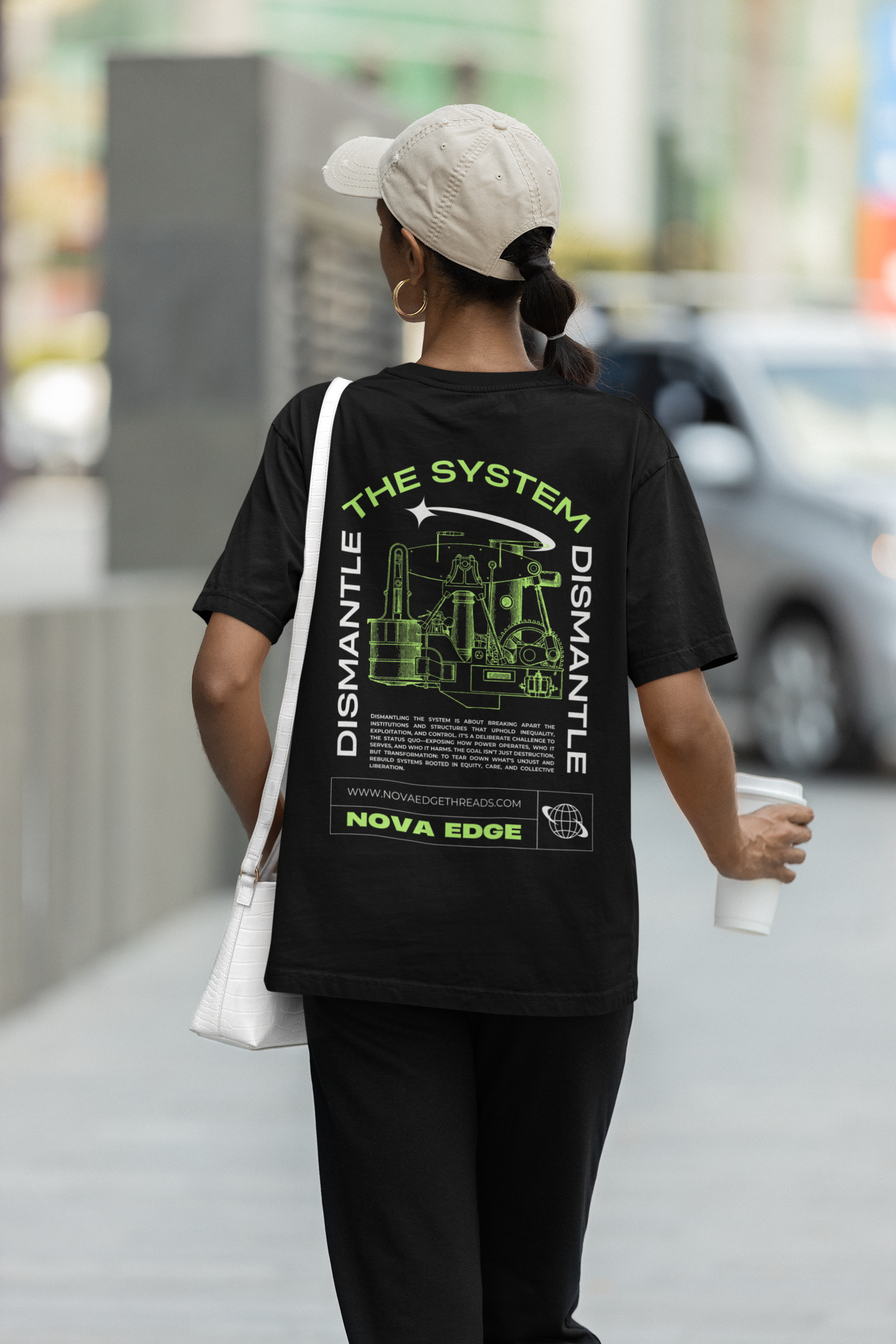 Dismantle the System Graphic T-Shirt Protest on back of Black Oversize Deep Drop Shoulder Tee