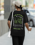 Dismantle the System Graphic T-Shirt Protest on back of Black Oversize Deep Drop Shoulder Tee