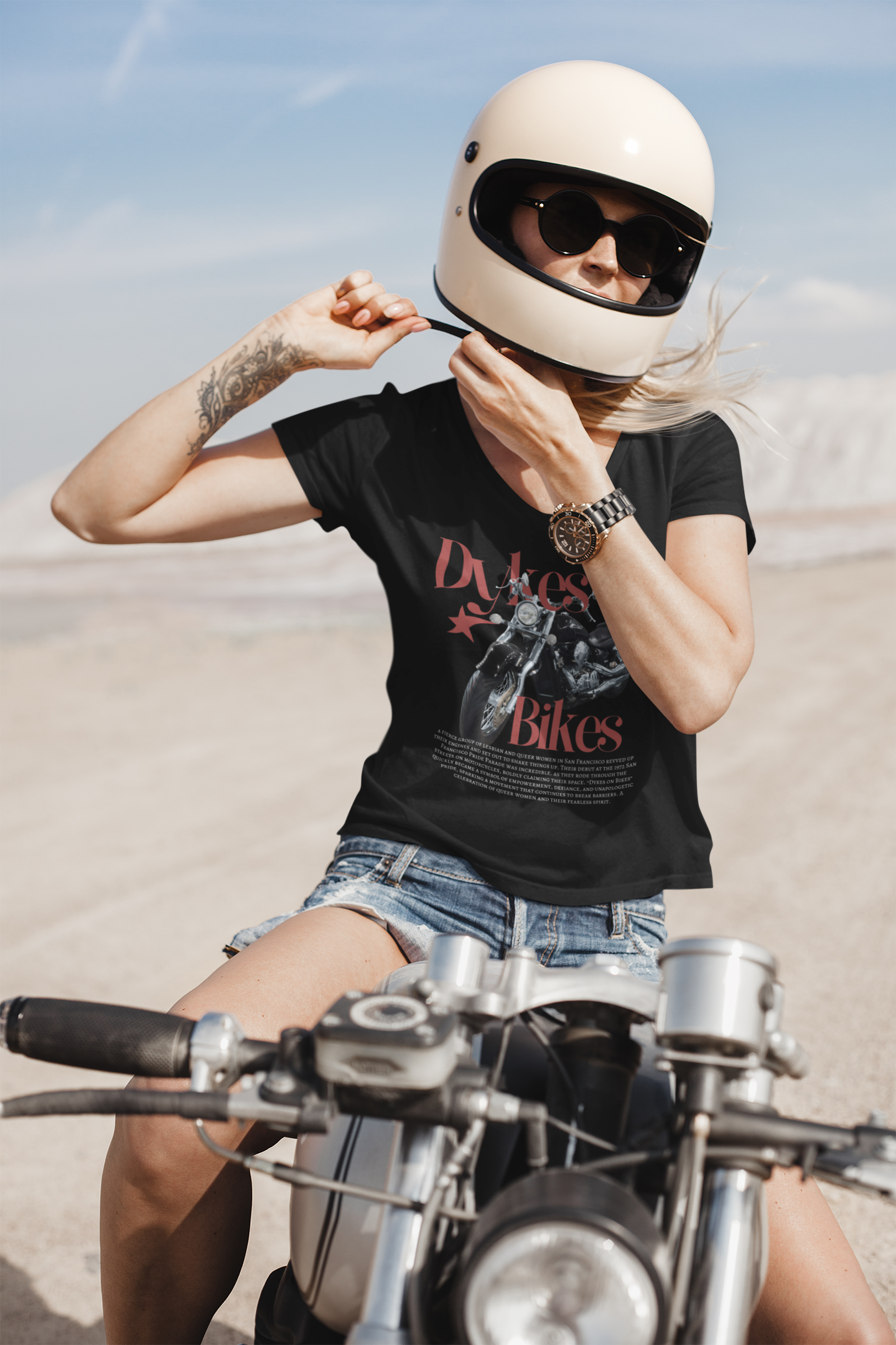 Dykes on Bikes Graphic T-Shirt Vintage Style on front of Black Oversize Deep Drop Shoulder Tee Oversize Deep Drop Shoulder Tee - 190 GSM