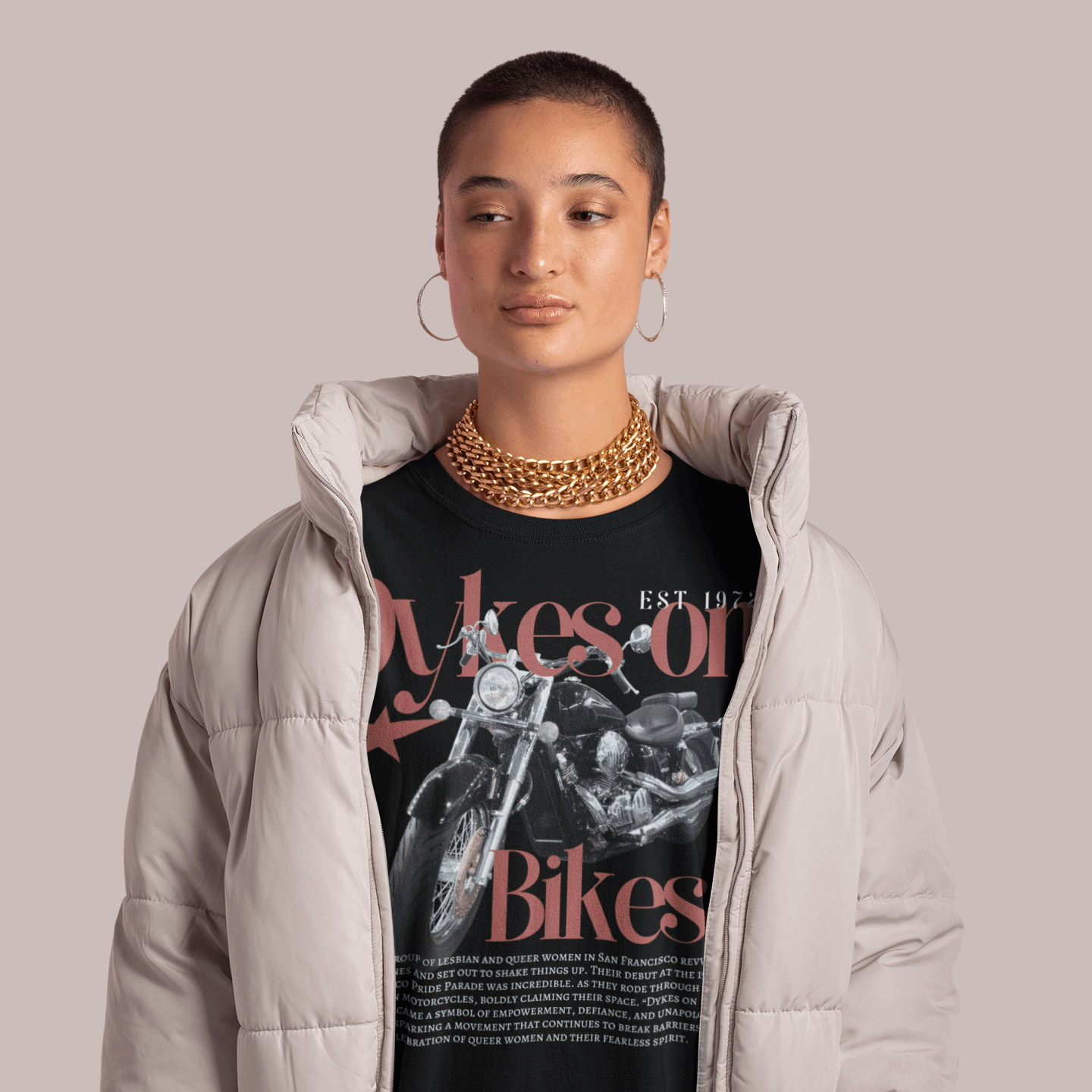 Dykes on Bikes Graphic T-Shirt Vintage Style on front of Black Oversize Deep Drop Shoulder Tee