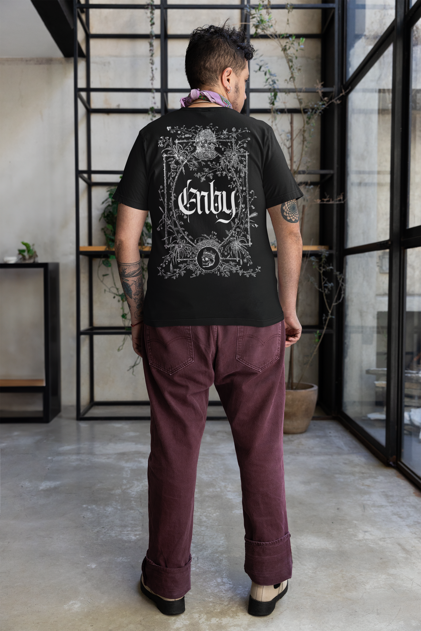 Enby Gothic Graphic Tee Design Non-Binary Pride on Black Oversize Deep Drop Shoulder Tee - 190 GSM