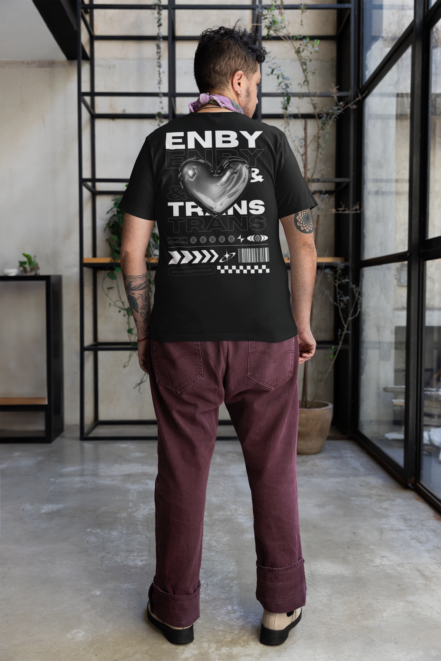 Enby & Trans Pride Graphic Tee Streetwear Style Chrome Heart Black Oversize Deep Drop Shoulder Tee - 190 GSM