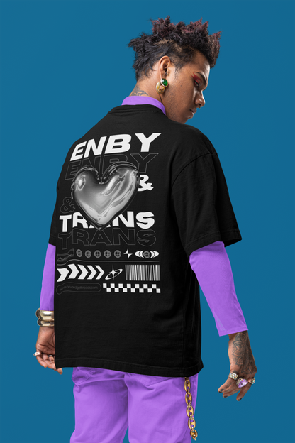 Enby & Trans Pride Graphic Tee Streetwear Style Chrome Heart Black Oversize Deep Drop Shoulder Tee - 190 GSM