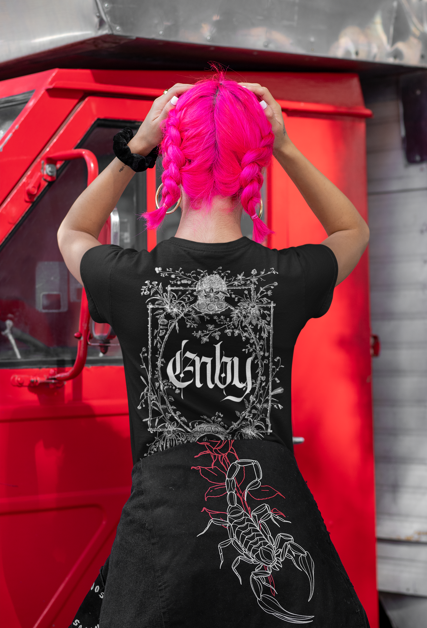 Enby Gothic Graphic Tee Design Non-Binary Pride on Black Oversize Deep Drop Shoulder Tee - 190 GSM