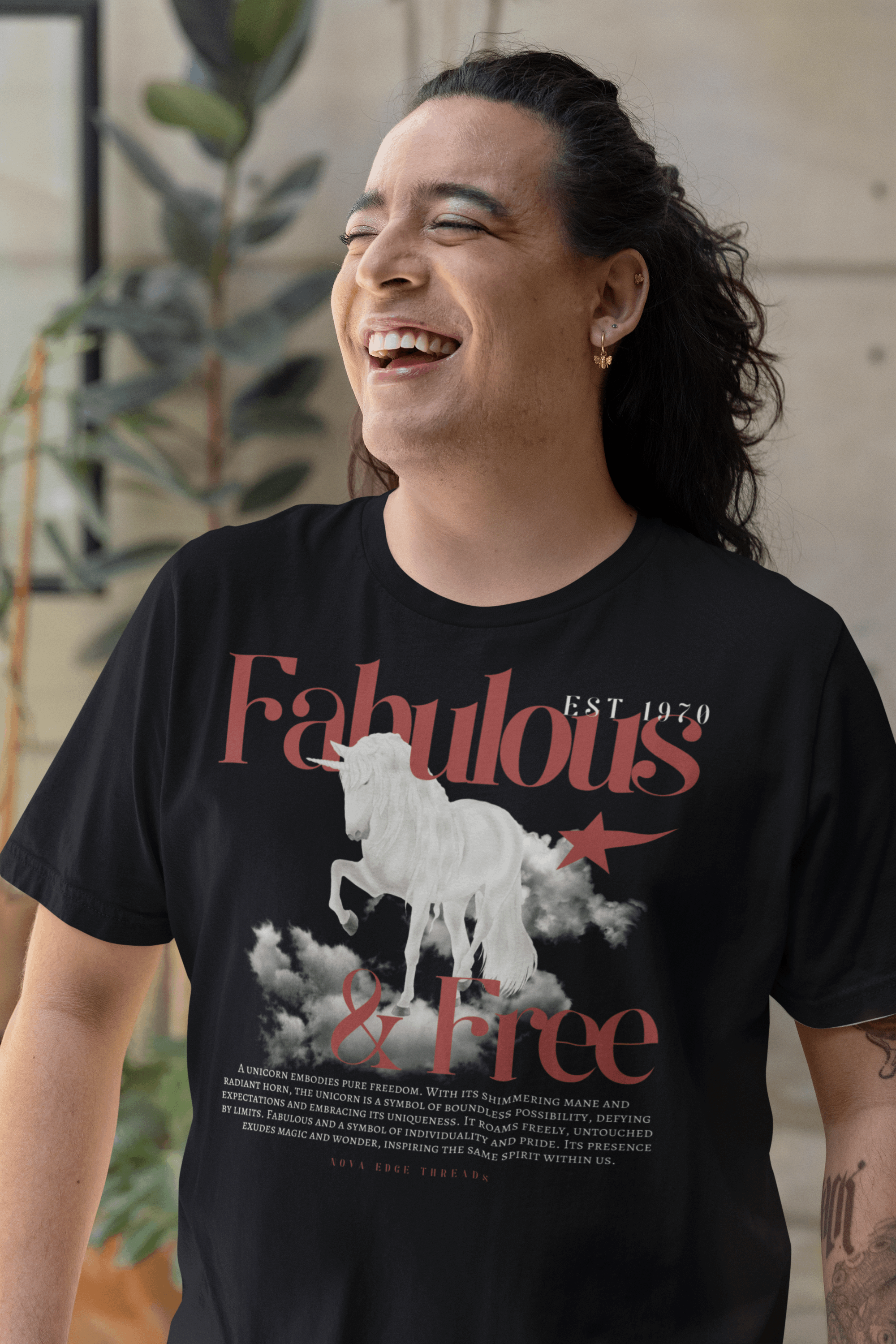 Fabulous & Free Unicorn Graphic Tee Streetwear LGBTQIA+ Pride on back of Black Oversize Deep Drop Shoulder Tee