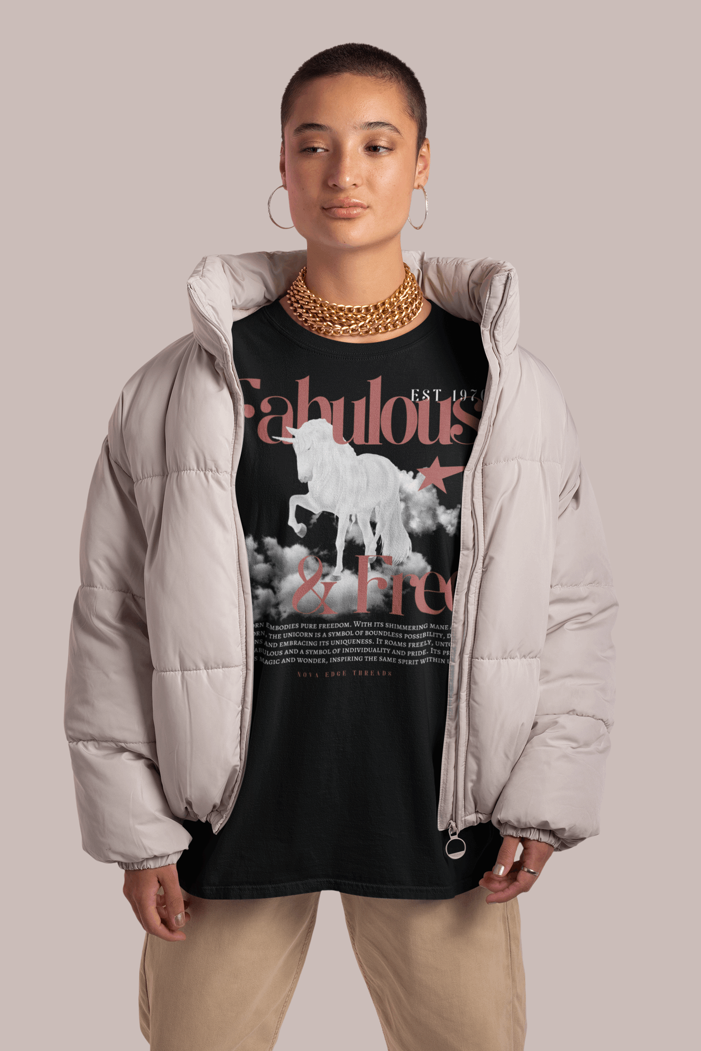 Fabulous & Free Unicorn Graphic Tee Streetwear LGBTQIA+ Pride on back of Black Oversize Deep Drop Shoulder Tee