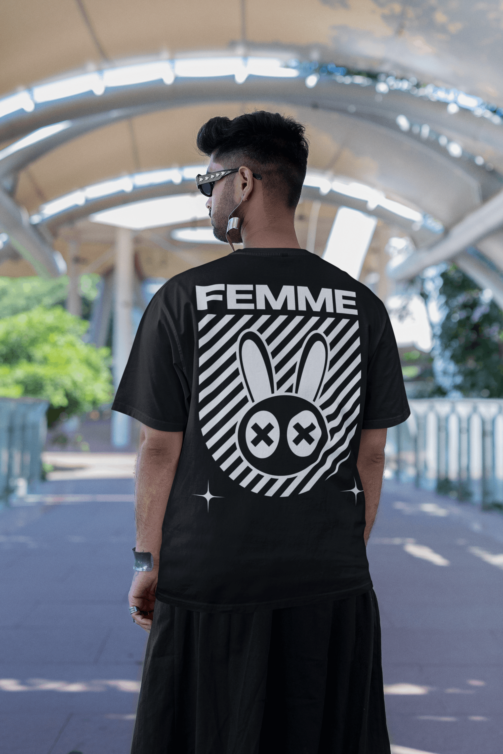 Femme Pride Mad Rabbit Graphic T-shirt on back of Black Oversize Deep Drop Shoulder Tee