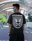 Femme Pride Mad Rabbit Graphic T-shirt on back of Black Oversize Deep Drop Shoulder Tee