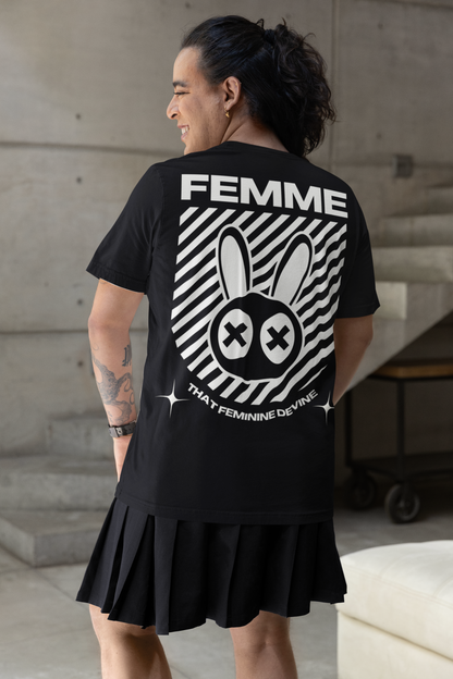 Femme Graphic Tee That Feminine Devine Pride T-Shirt on Black Oversize Deep Drop Shoulder Tee - 190 GSM