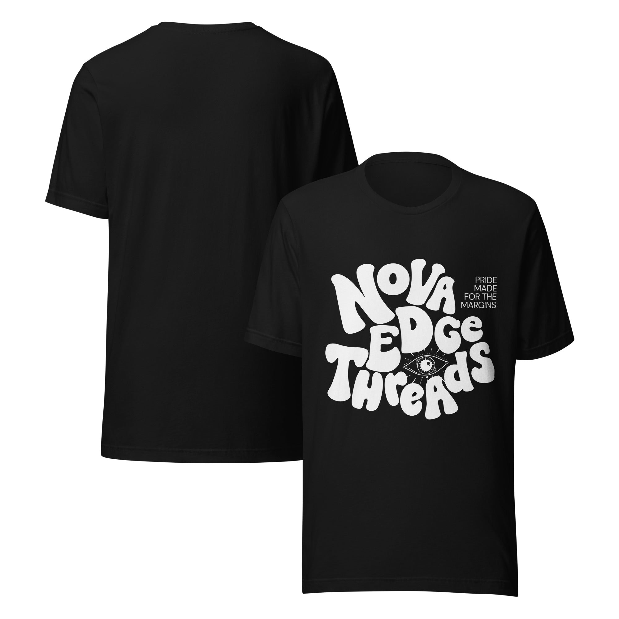 Nova Edge Threads Nostalgic Typo Graphic Tee on front of Black Relaxed Fit T-Shirt
