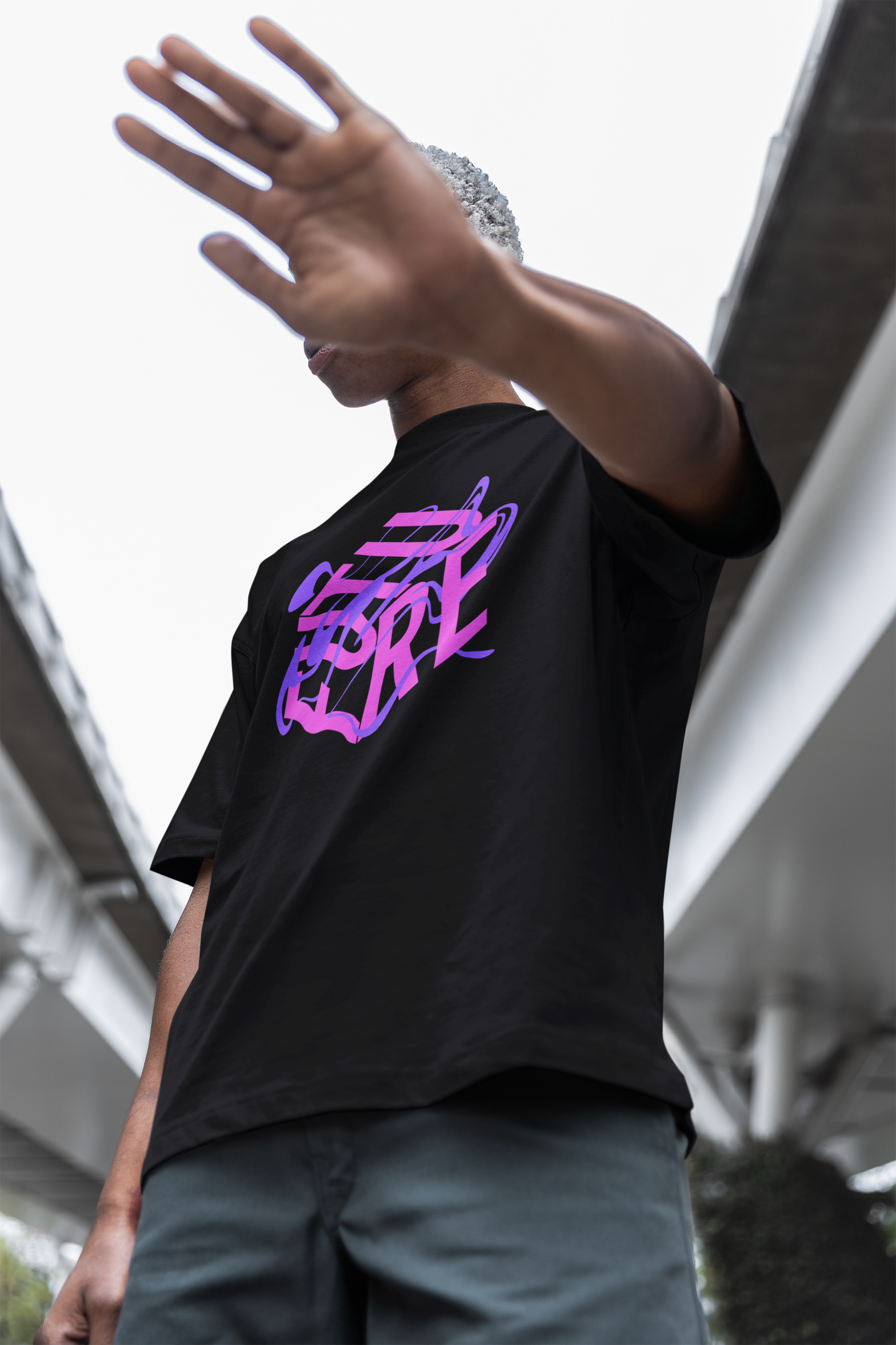 Pink and Purple Future is Fluid Graphic Tee Abstract Art LGBTQIA2S+ Pride on front of Black Oversize Deep Drop Shoulder Tee - 190 GSM