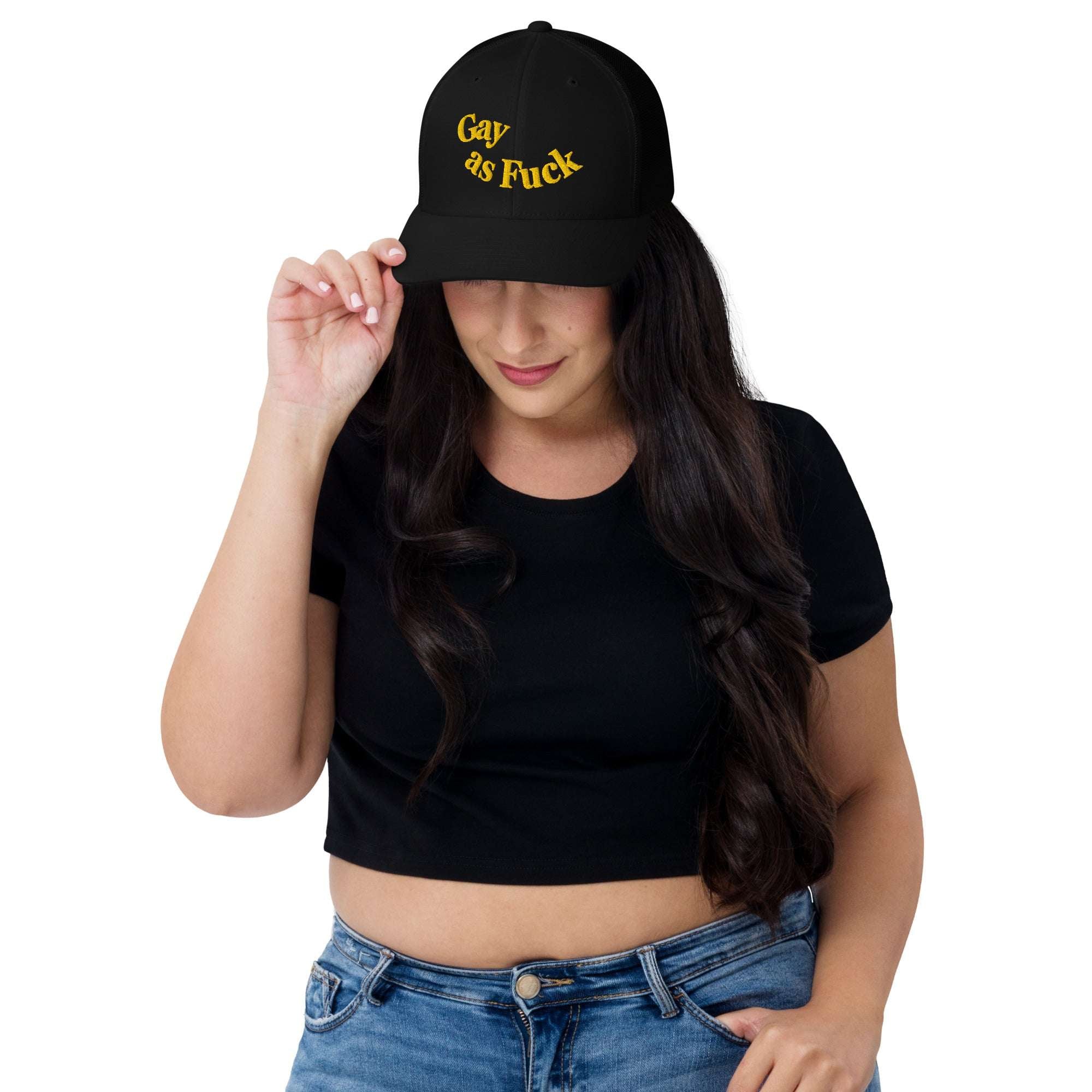 Gas as fuck Pride Trucker Hat with Embroidered Curved Lettering, Gold on Black