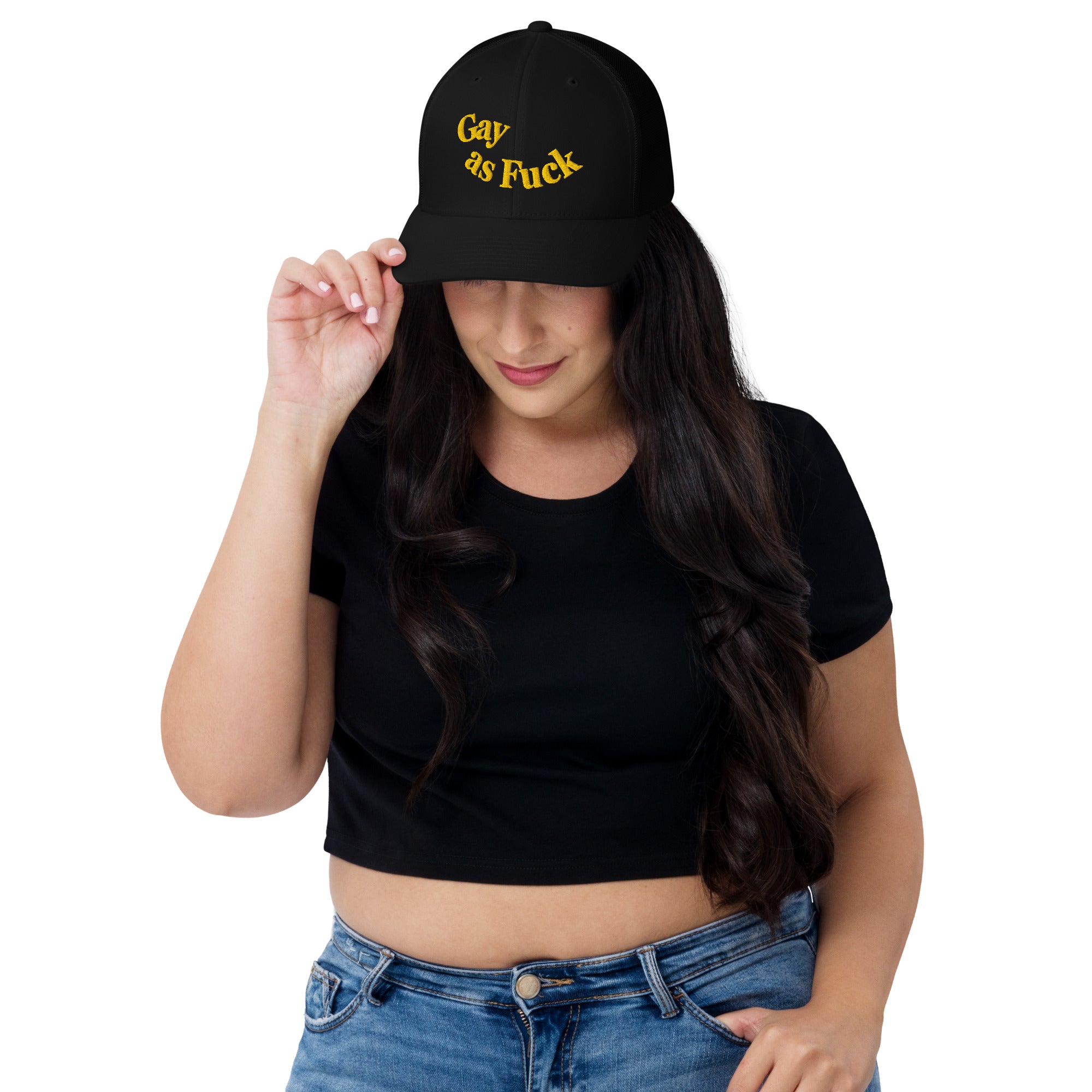 Gas as fuck Pride Trucker Hat with Embroidered Curved Lettering, Gold on Black