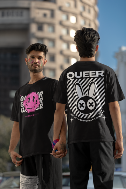 Queer Graphic Tee I Don't Conform to Society on Black Oversize Deep Drop Shoulder Tee - 190 GSM