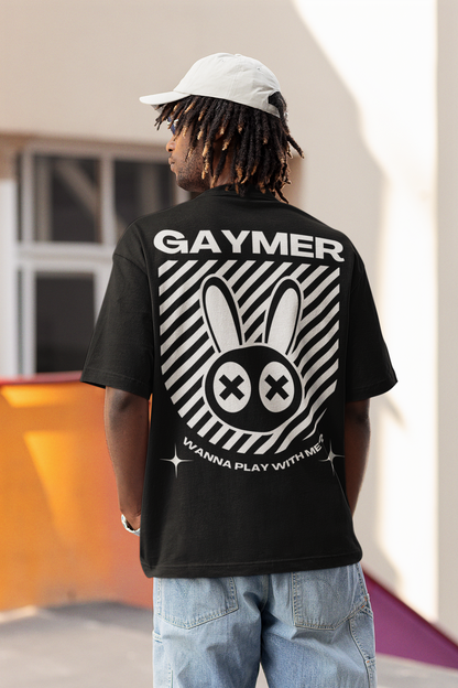 Camiseta con estampado de conejo de Gaymer ¿Quieres jugar conmigo? Camiseta negra de hombros caídos y gran tamaño - 190 g/m²