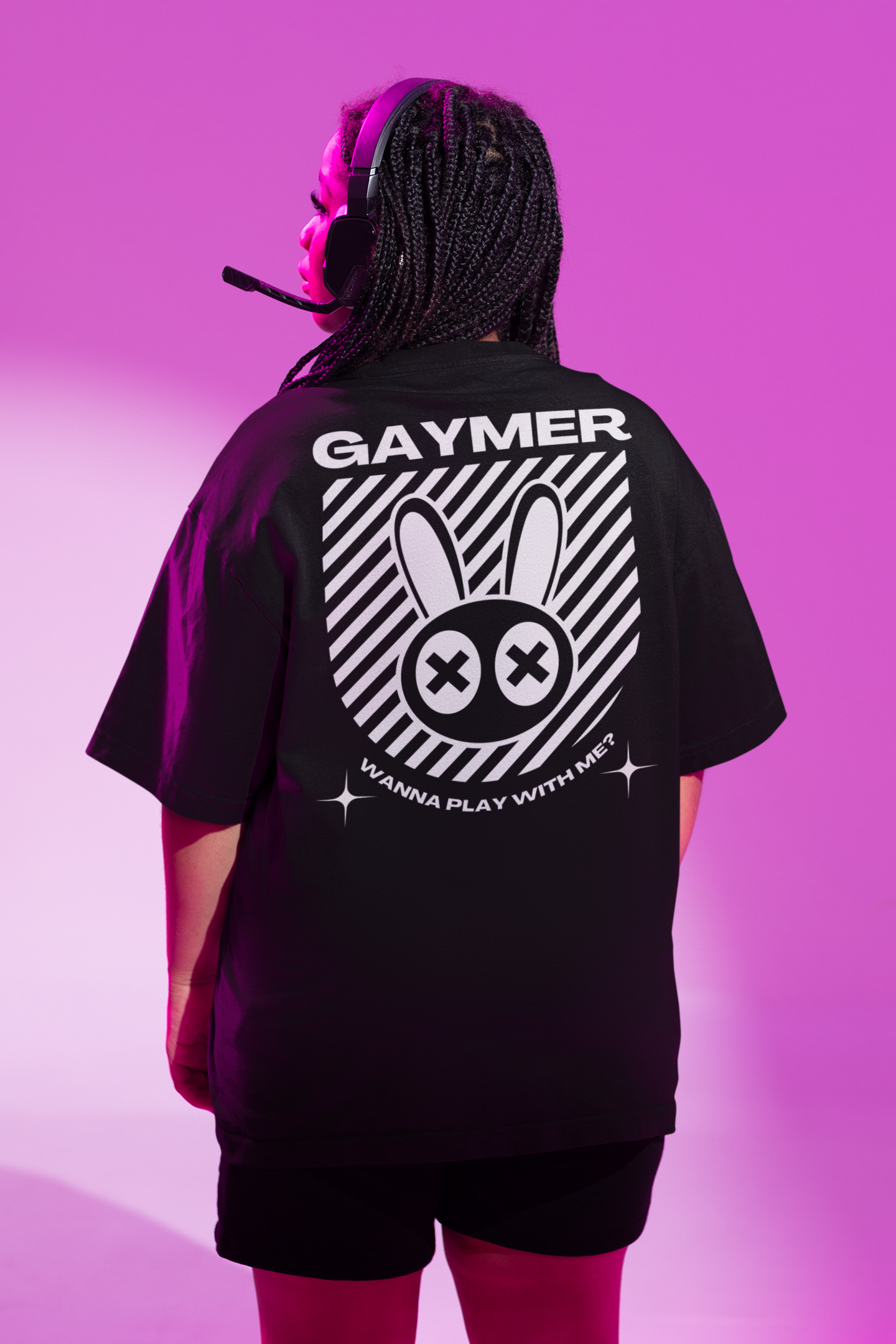 Camiseta con estampado de conejo de Gaymer ¿Quieres jugar conmigo? Camiseta negra de hombros caídos y gran tamaño - 190 g/m²