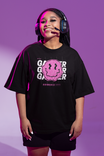 Gaymer Graphic Tee Pink Smiley Face Pride T-Shirt Black Oversize Deep Drop Shoulder Tee - 190 GSM