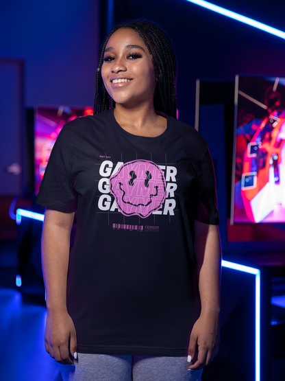 Gaymer Graphic Tee Pink Smiley Face Pride T-Shirt Black Oversize Deep Drop Shoulder Tee - 190 GSM