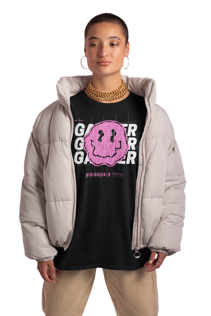 Gaymer Graphic Tee Pink Smiley Face Pride T-Shirt Black Oversize Deep Drop Shoulder Tee - 190 GSM