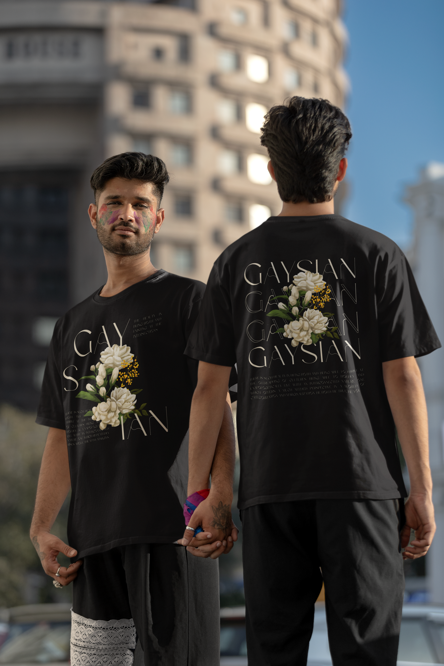 Gaysian Graphic T-Shirt Asian and Gay Pride Tee Vintage Flowers on Black Oversize Deep Drop Shoulder Tee - 190 GSM