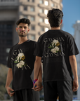Gaysian Pride T Shirt Asian Gay Pride Vintage Flowers on Black Oversize Deep Drop Shoulder Tee