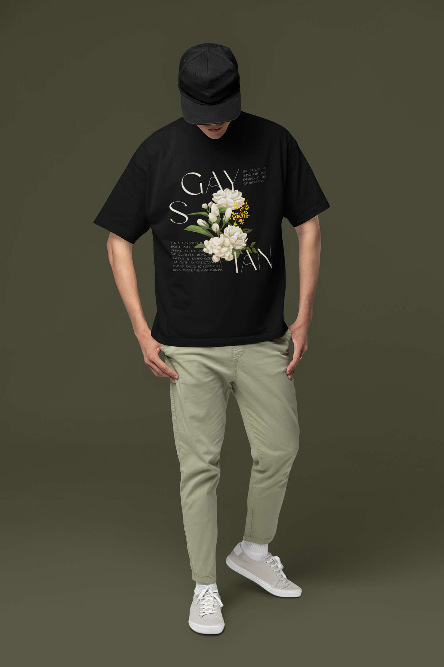 Gaysian Graphic T-Shirt Asian and Gay Pride Tee Vintage Flowers on Black Oversize Deep Drop Shoulder Tee - 190 GSM