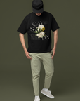 Gaysian Pride T Shirt Asian Gay Pride Vintage Flowers on Black Oversize Deep Drop Shoulder Tee