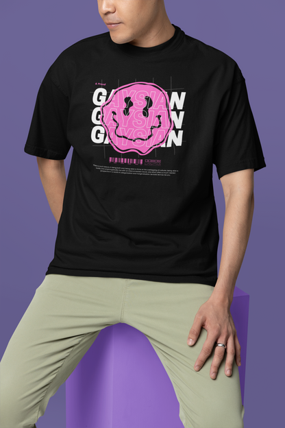 Gaysian & Proud Pink Smiley Face Graphic Streetwear Tee Black Oversize Deep Drop Shoulder Tee - 190 GSM