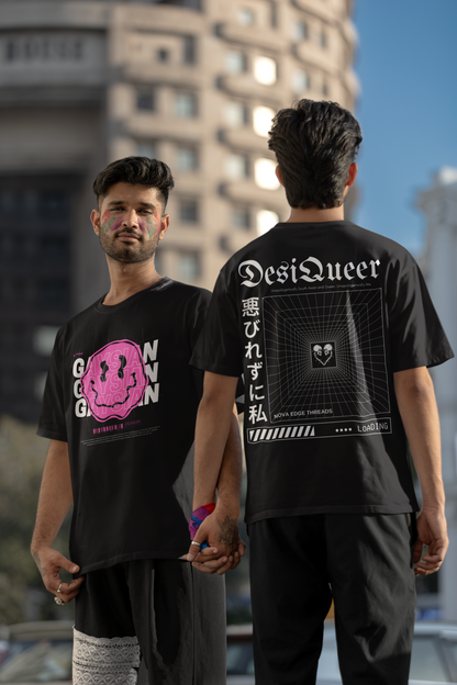 Gaysian & Proud Pink Smiley Face Graphic Streetwear Tee Black Oversize Deep Drop Shoulder Tee - 190 GSM