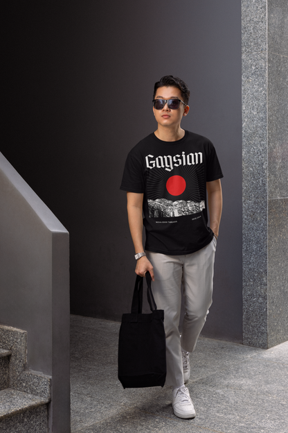 Gaysian Graphic Tee Japanese Streetwear Style Intersectional Pride Gear on Black Oversize Deep Drop Shoulder Tee - 190 GSM