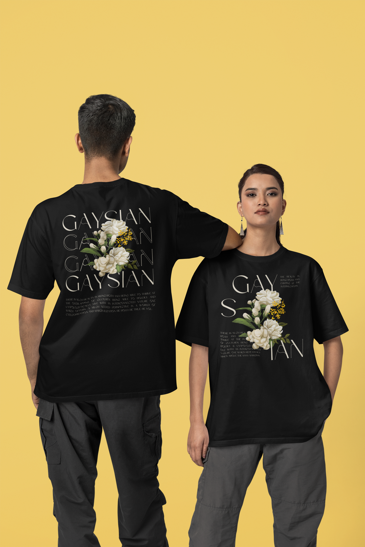 Gaysian Graphic T-Shirt Asian and Gay Pride Tee Vintage Flowers on Black Oversize Deep Drop Shoulder Tee - 190 GSM