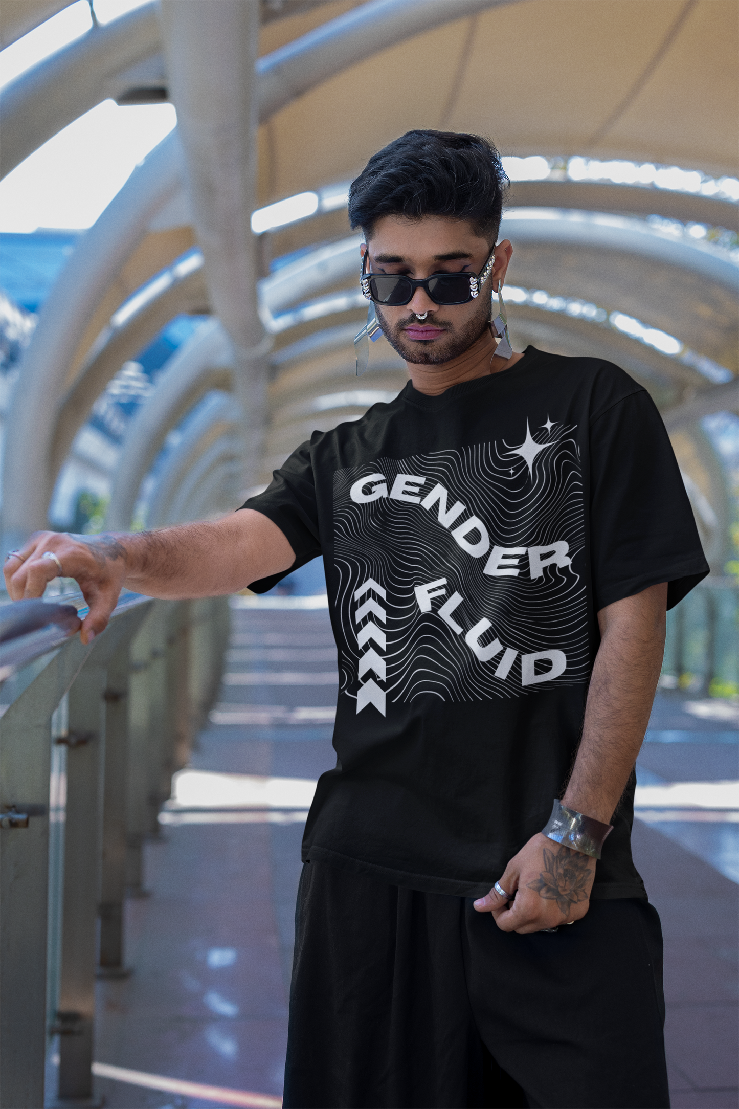 Genderfluid Pride Shirt Streetwear Style Gender Fluid Graphic Tee on Black Oversize Deep Drop Shoulder Tee - 190 GSM