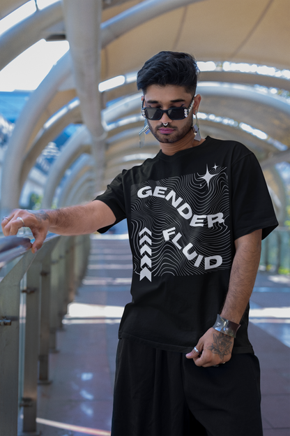 Genderfluid Pride Shirt Streetwear Style Gender Fluid Graphic Tee on Black Oversize Deep Drop Shoulder Tee - 190 GSM