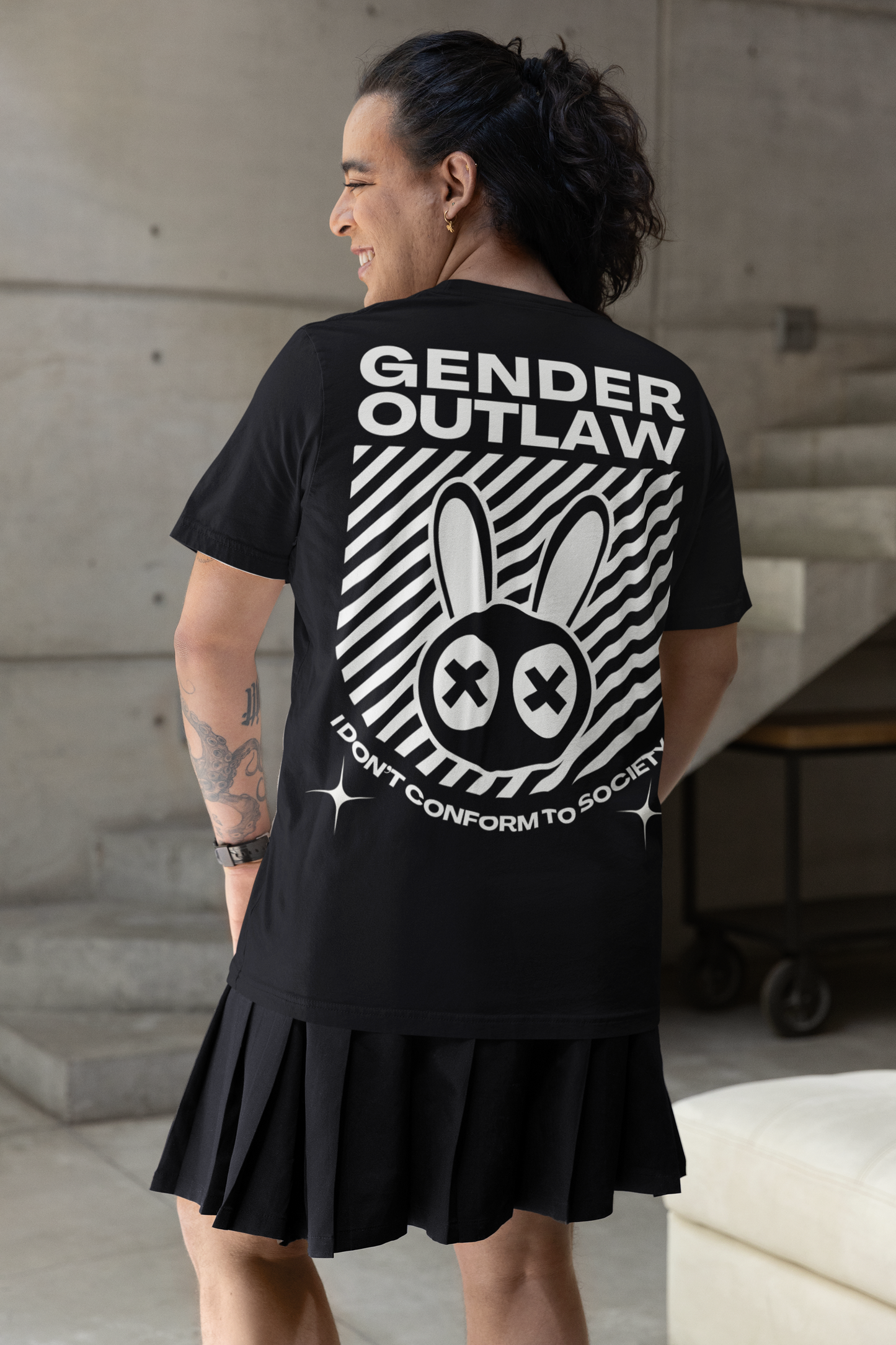 Gender Outlaw Black and White Rabbit Streetwear Graphic Tee on Black Oversize Deep Drop Shoulder Tee - 190 GSM