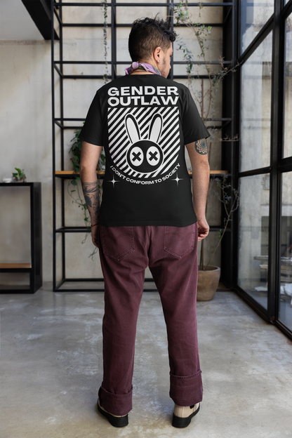 Gender Outlaw Black and White Rabbit Streetwear Graphic Tee on Black Oversize Deep Drop Shoulder Tee - 190 GSM