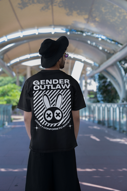 Gender Outlaw Black and White Rabbit Streetwear Graphic Tee on Black Oversize Deep Drop Shoulder Tee - 190 GSM