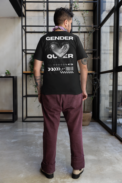 Genderqueer Pride T-Shirt Streetwear Gear Chrome Heart Gender Queer on Black Oversize Deep Drop Shoulder Tee - 190 GSM