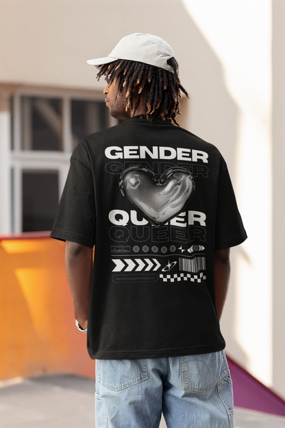 Genderqueer Pride T-Shirt Streetwear Gear Chrome Heart Gender Queer on Black Oversize Deep Drop Shoulder Tee - 190 GSM