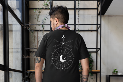 Genderqueer _ Non-Binary Gender Symbol Design Celestial Streetwear Style on Black Vintage Wash Frayed T-Shirt - 260 GSM