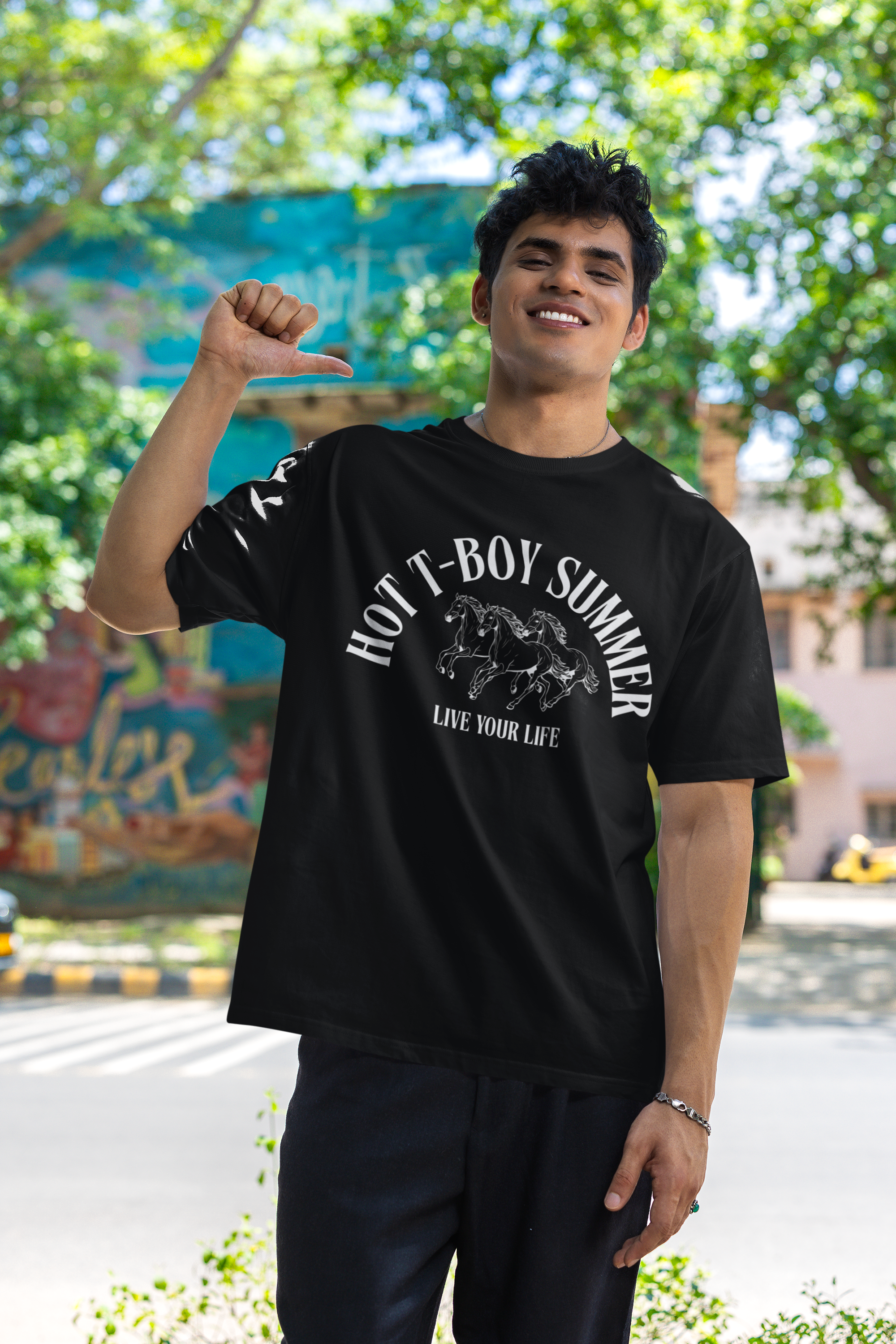 Hot T-Boy Summer Trans Pride on front of Black Oversize Deep Drop Shoulder Tee Oversize Deep Drop Shoulder Tee - 190 GSM