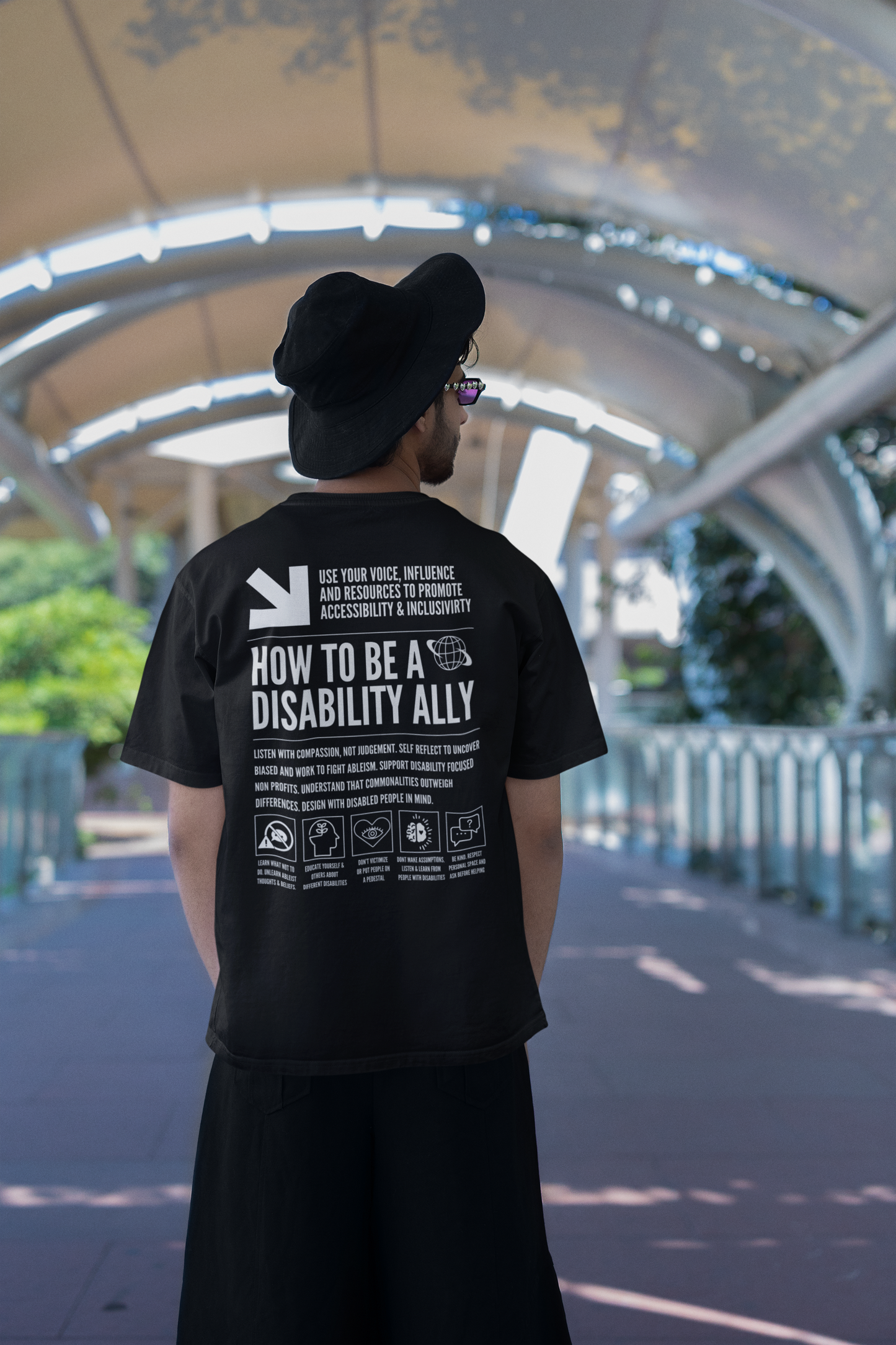 How to be a Disability Ally Graphic Tee Disability Pride Streetwear Style on Black Oversize Deep Drop Shoulder Tee - 190 GSM