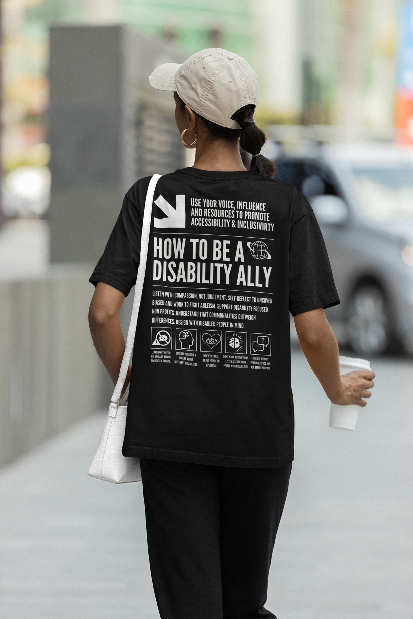 How to be a Disability Ally Graphic Tee Disability Pride Streetwear Style on Black Oversize Deep Drop Shoulder Tee - 190 GSM