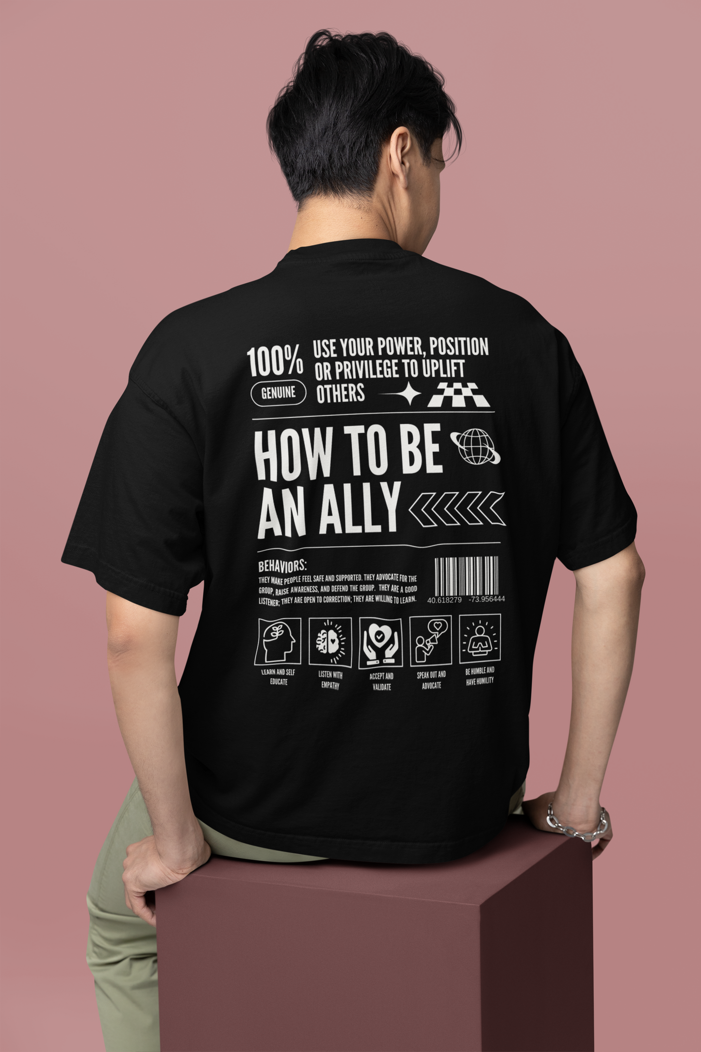 How to be an Ally Graphic Tee Streetwear Style LGBTQIA+ Ally Black Oversize Deep Drop Shoulder Tee - 190 GSM