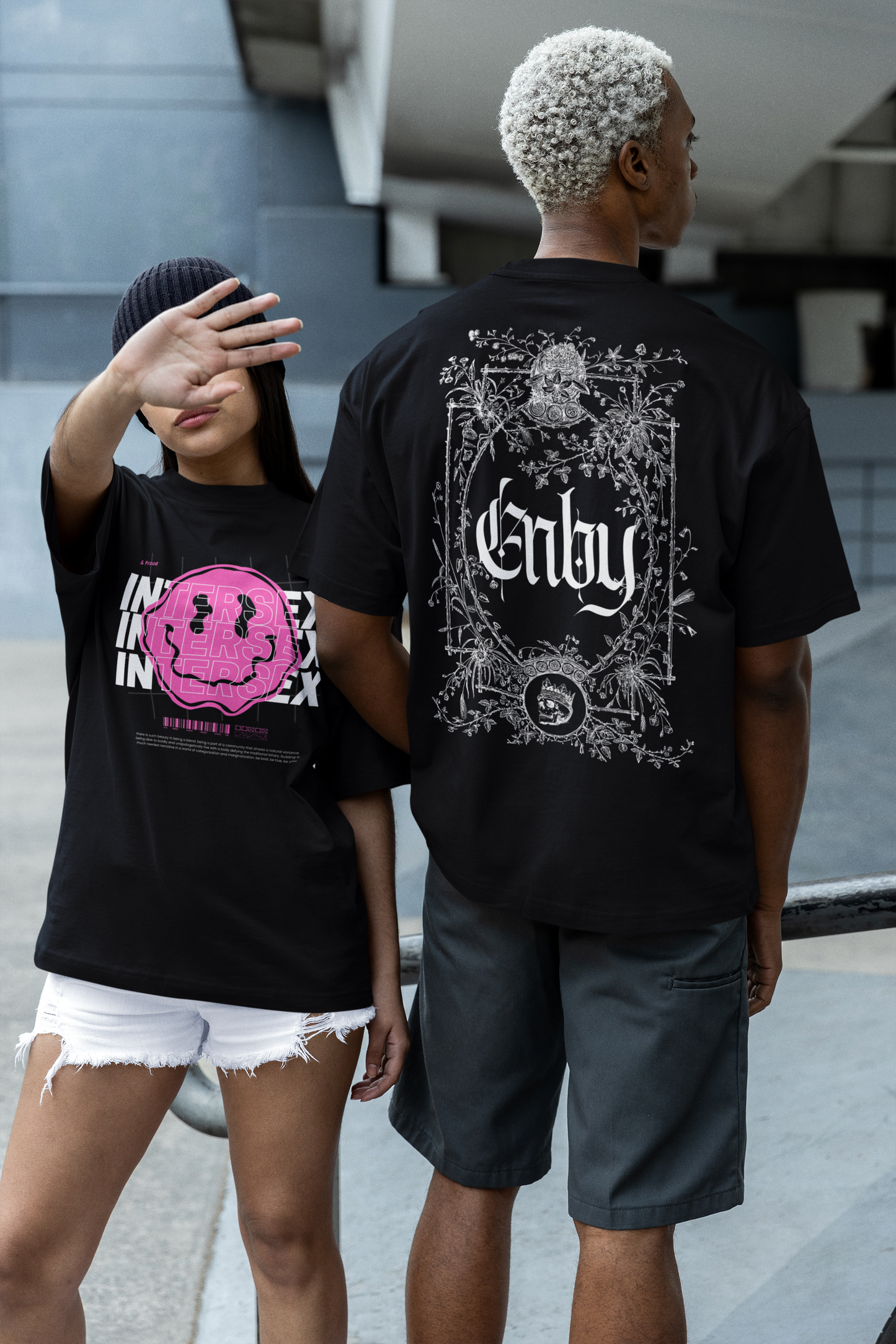 Enby Gothic Graphic Tee Design Non-Binary Pride on Black Oversize Deep Drop Shoulder Tee - 190 GSM