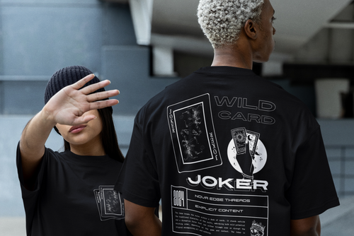 Joker Card Graphic Tee Outcast Pride in being Different Wild Card on Black Oversize Deep Drop Shoulder Tee - 190 GSM Oversize Deep Drop Shoulder Tee - 190 GSM