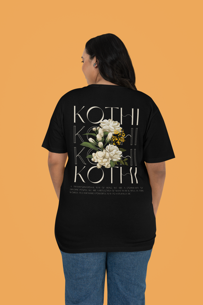 Kothi Graphic Tee Vintage Flowers Indian Intersectional Pride on Black Oversize Deep Drop Shoulder Tee - 190 GSM