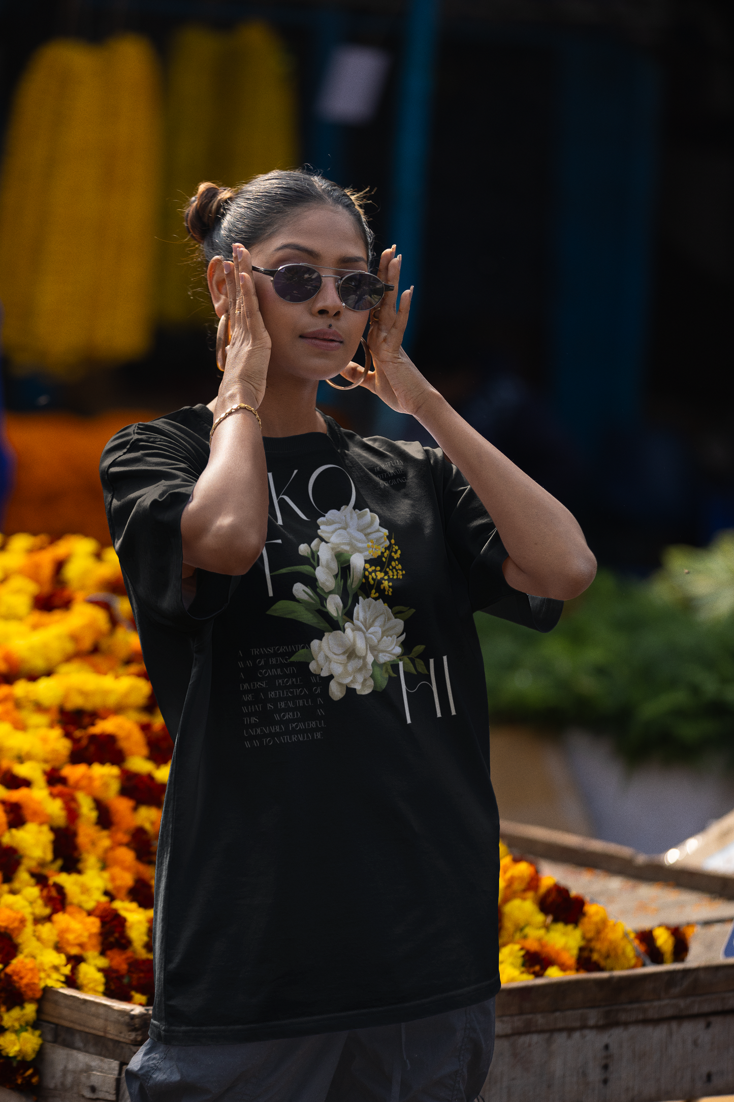 Kothi Pride T-shirt Vintage Flowers Feminine Indian Pride Graphic on front of Black Oversize Deep Drop Shoulder Tee - 190 GSM