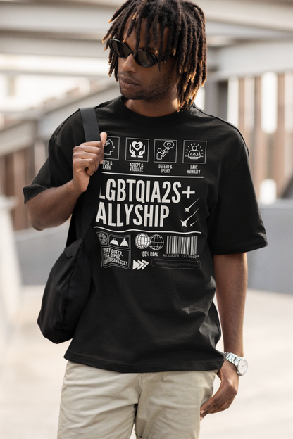 LGBTQIA2S+ Allyship Streetwear Style Front Graphic Tee Oversize Deep Drop Shoulder Tee - 190 GSM